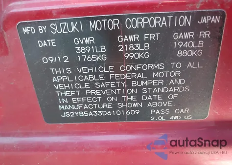 2013 Suzuki Sx4 Premium z USA, uszkodzony, nr VIN JS2YB5A33D6101609